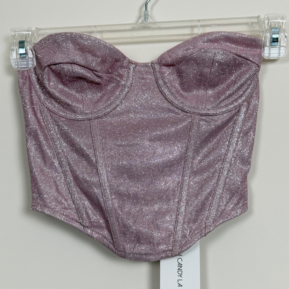 Cotton Candy LA Corset Top Womens S Pink Glitter Strapless Bustier NWT